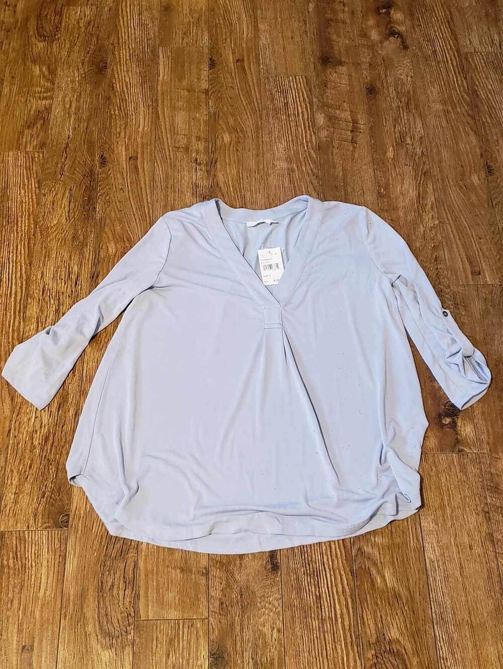 Light Blue V-Neck Women's Top with Roll-Tab Sleeves